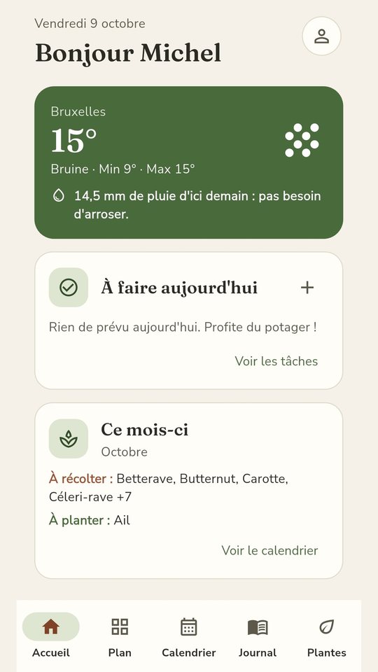 Écran d'accueil de l'application